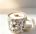 French Black‑White Line Art Floral Ceramic Mug