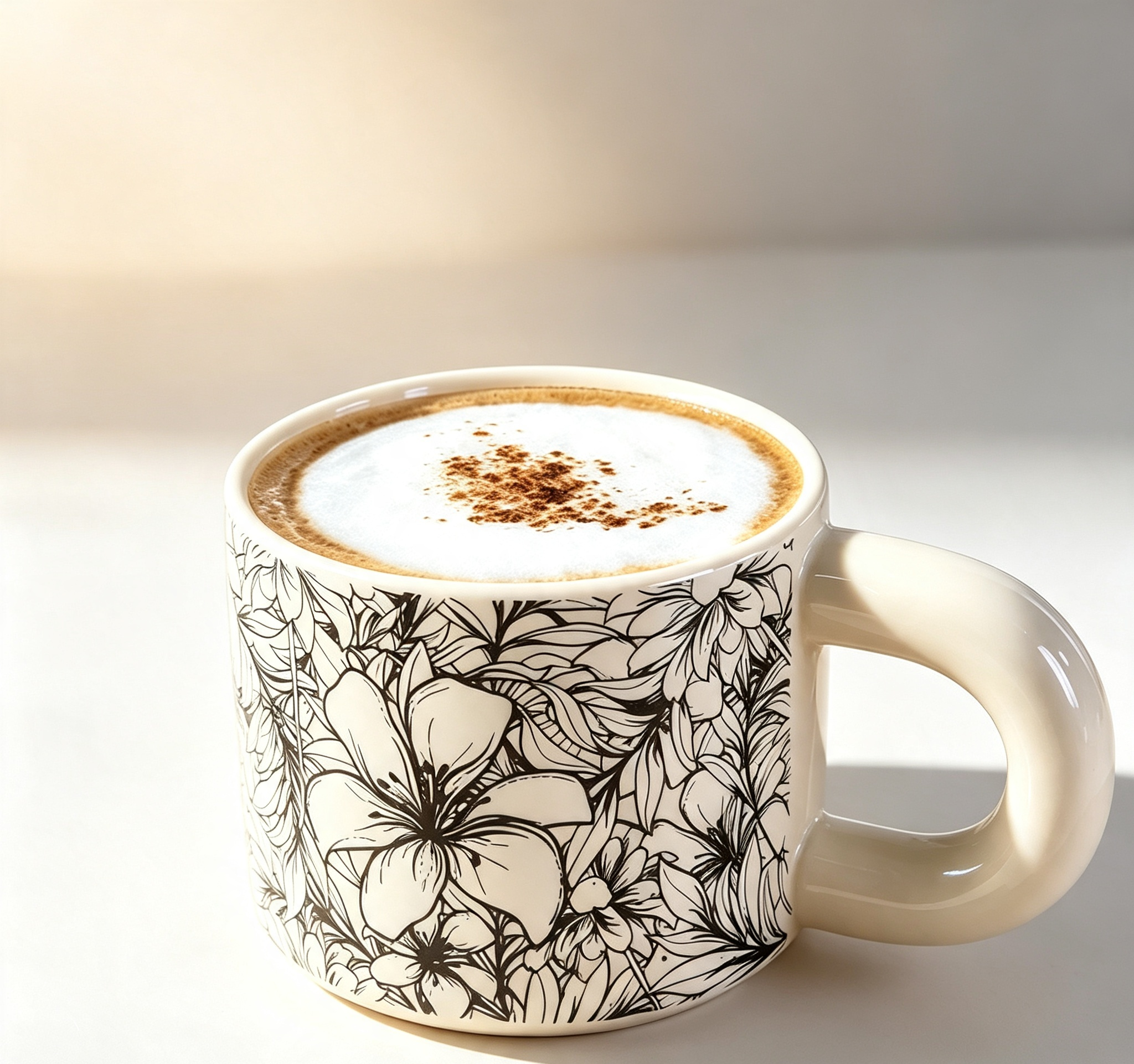 French Black‑White Line Art Floral Ceramic Mug