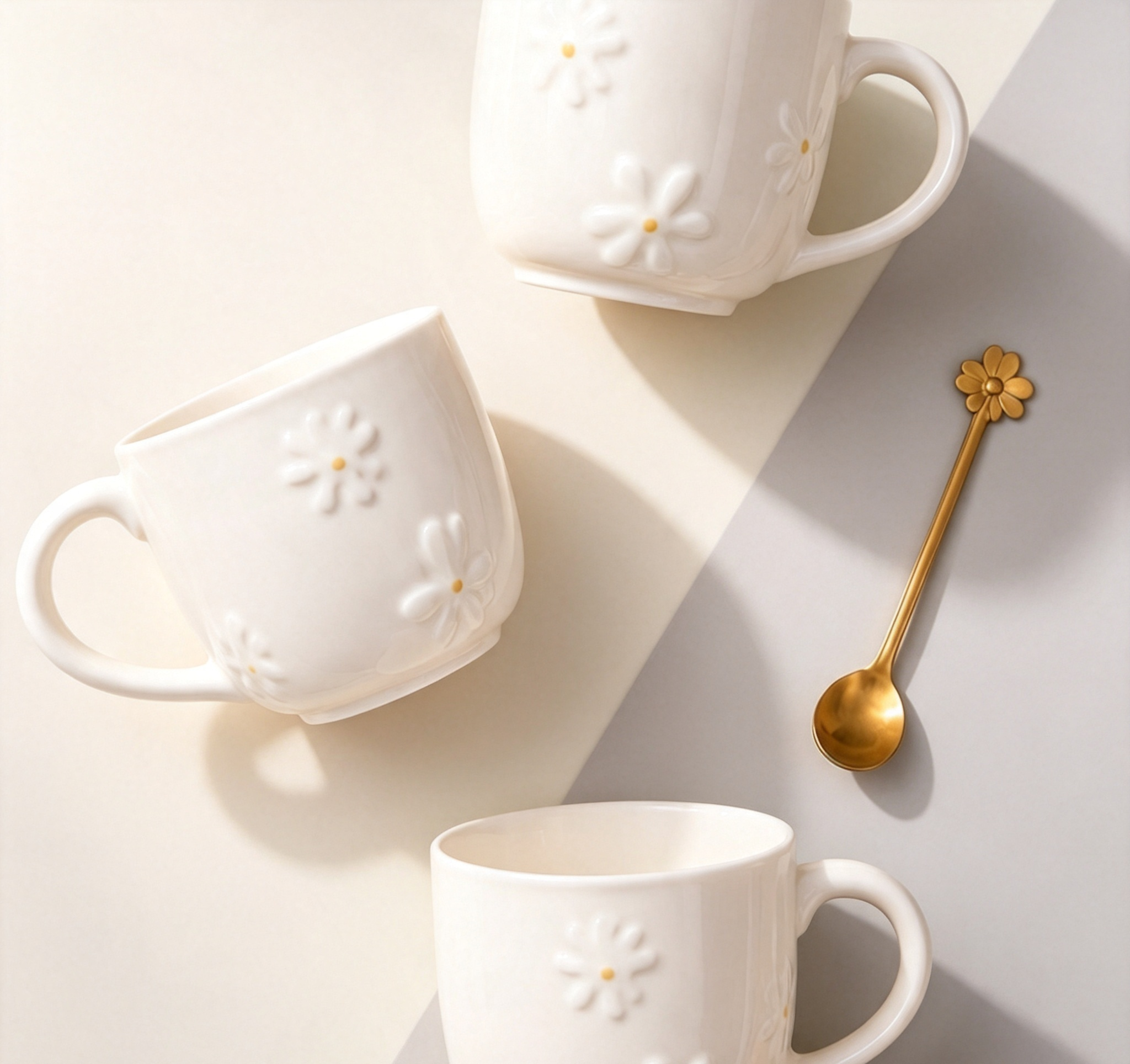 Cream‑White Embossed Daisy Ceramic Mug