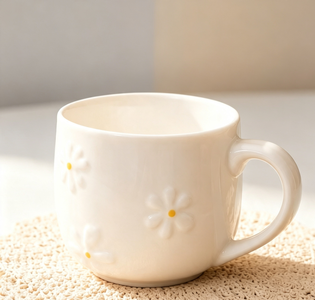 Cream‑White Embossed Daisy Ceramic Mug