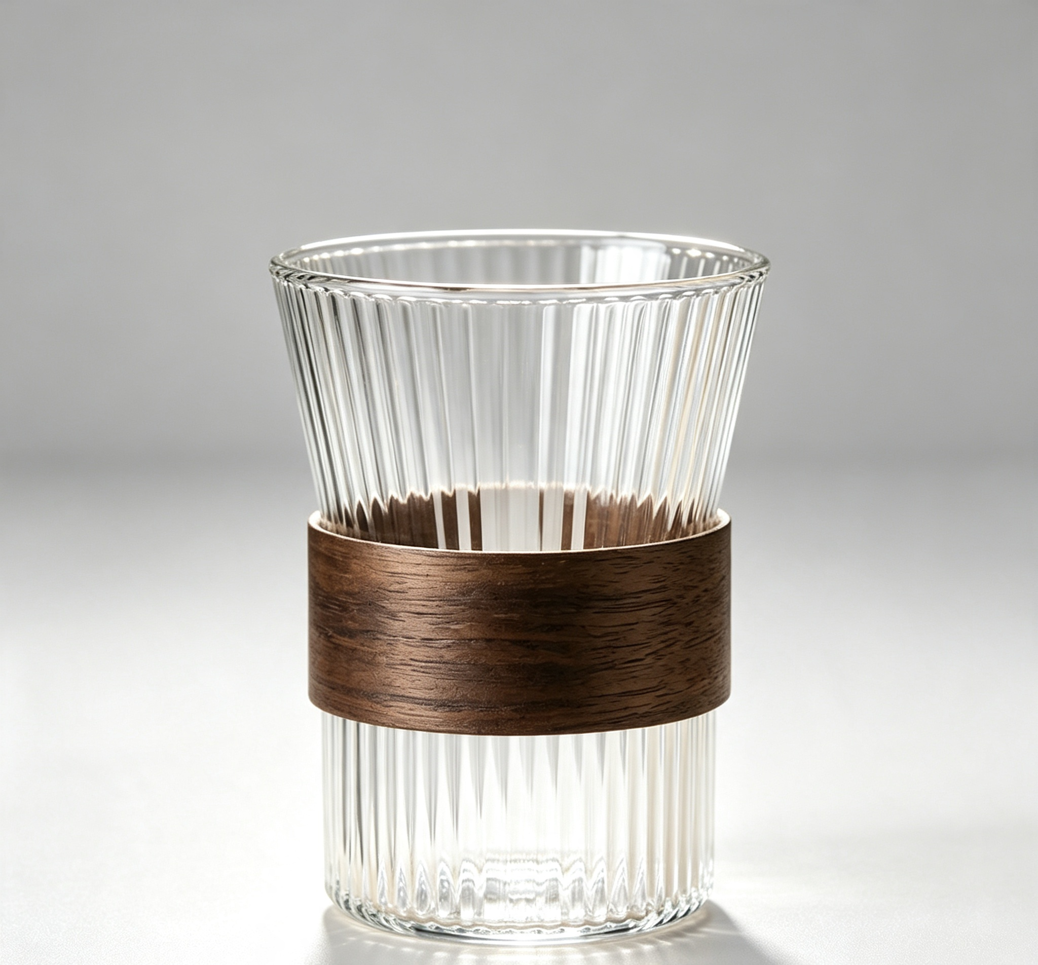 Vertical‑Rib Glass Cup with Heat‑Resistant Wooden Sleeve