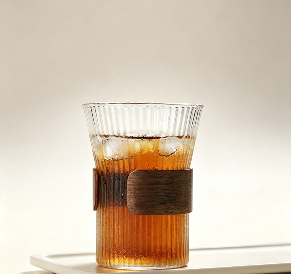 Vertical‑Rib Glass Cup with Heat‑Resistant Wooden Sleeve