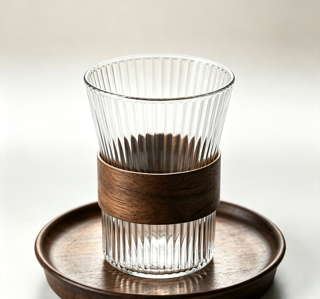 Vertical‑Rib Glass Cup with Heat‑Resistant Wooden Sleeve